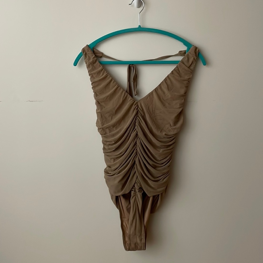 Plunging Taupe Bodysuit